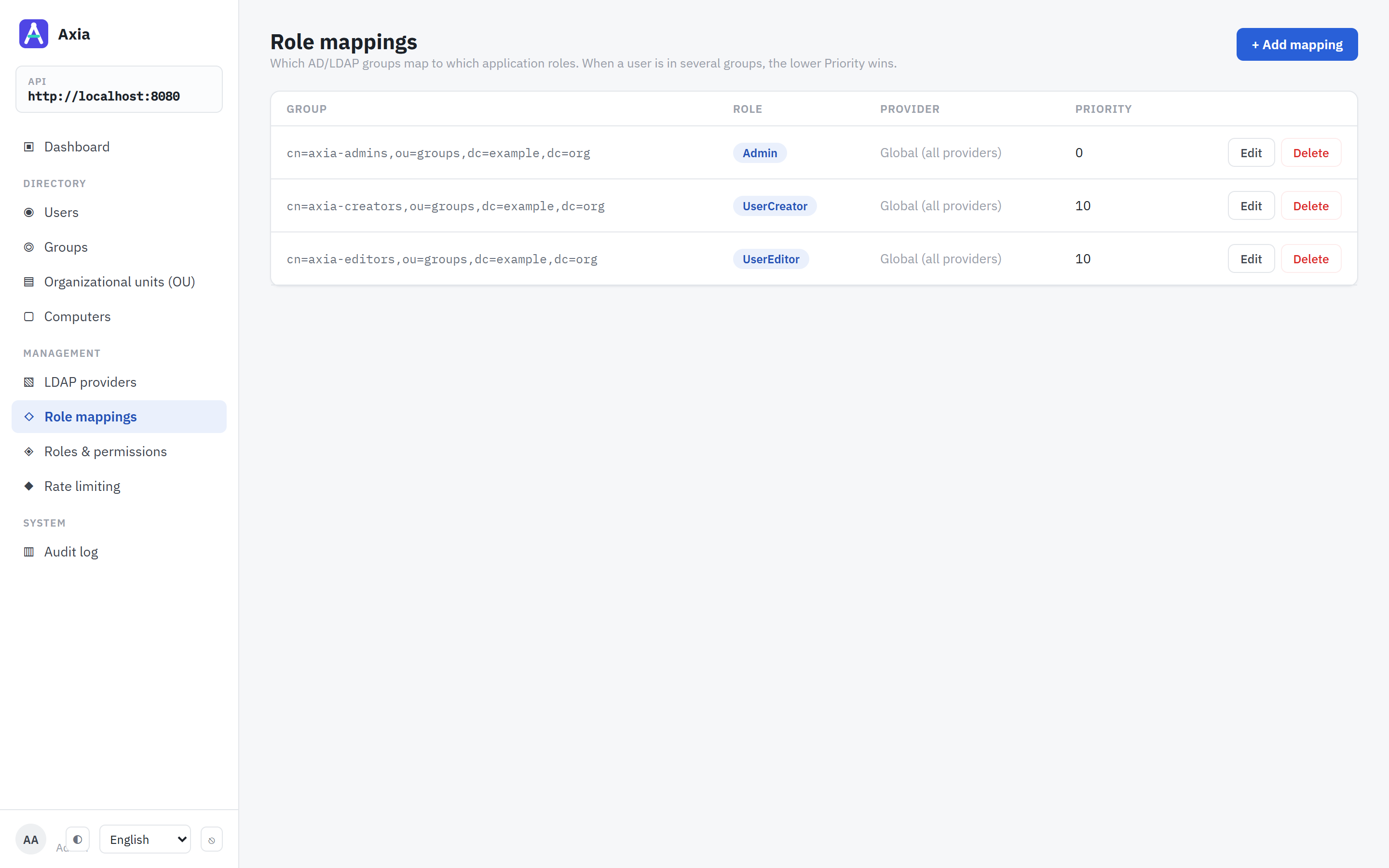 Role mappings: directory groups mapped to the console's roles