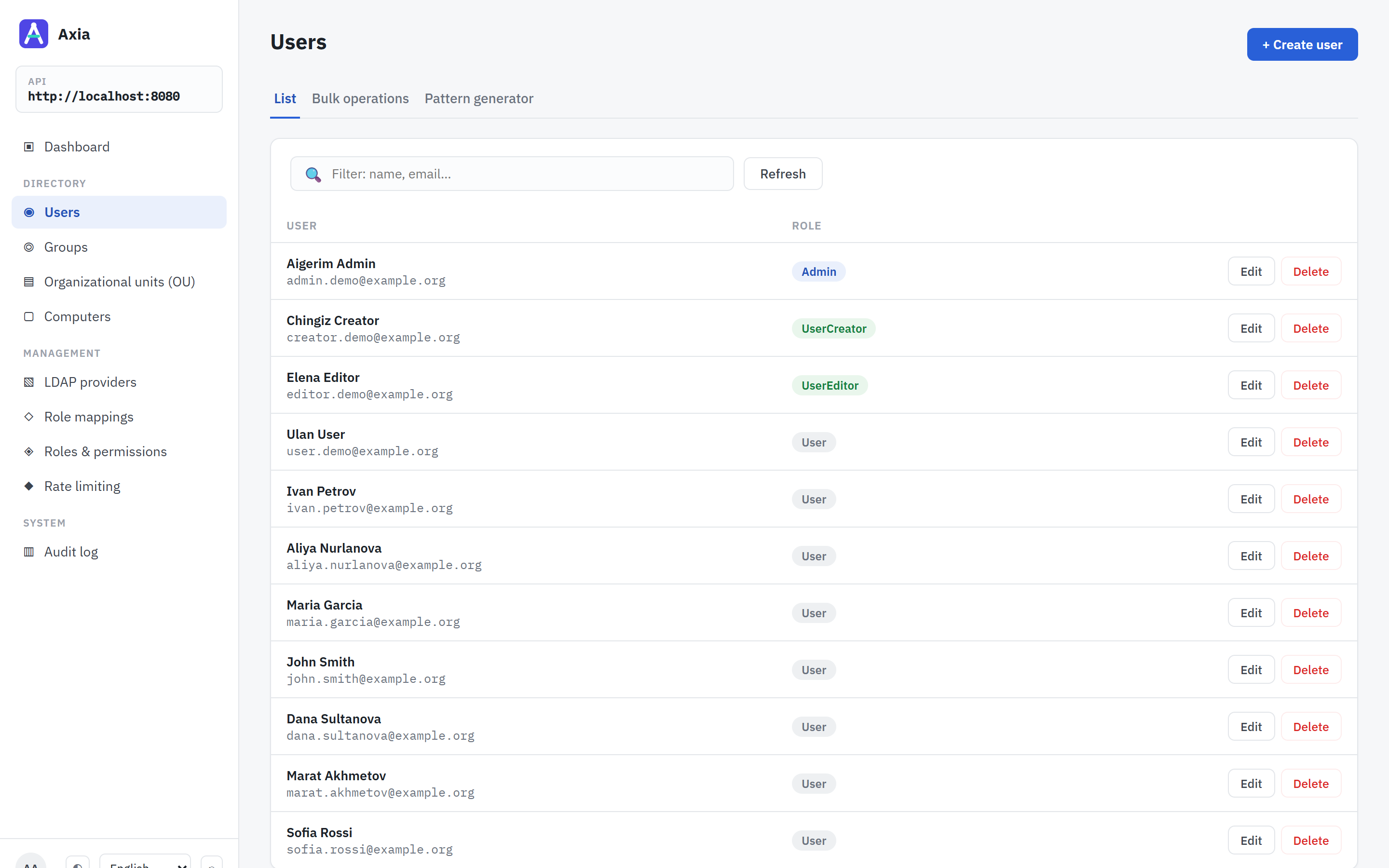 The users screen: every account with the role it signs in with